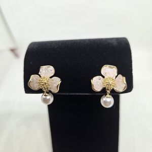 Crystal Blossom Pearl Drop Earrings - clip on
